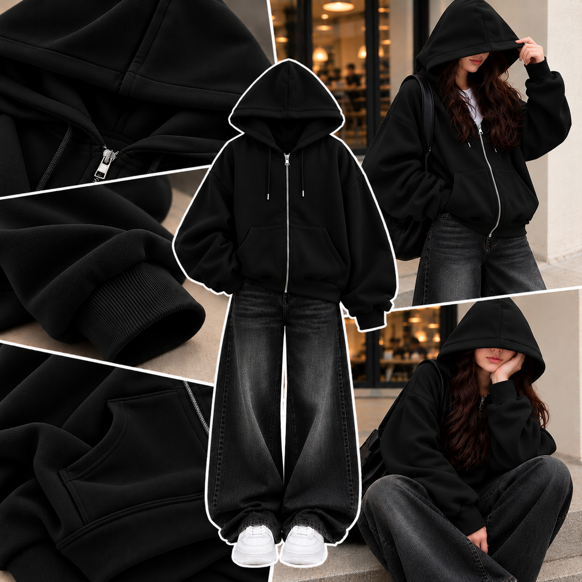 BLACK ZIPPER HOODIE WITH BLACK FADED WIDE LEG JEANS