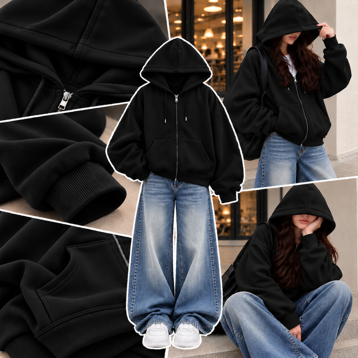 BLACK ZIPPER HOODIE WITH SKY BLUE FADED WIDE LEG JEANS
