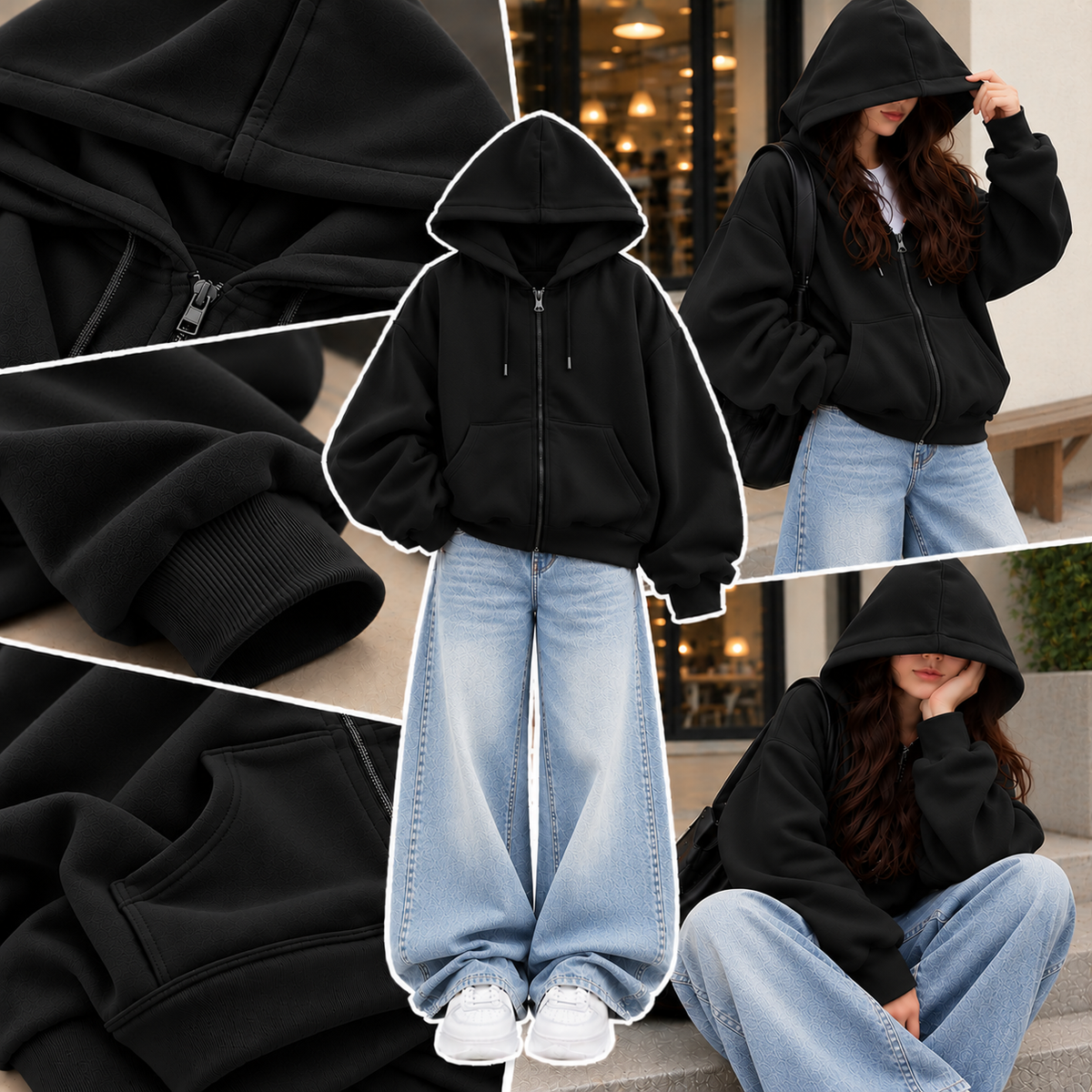 BLACK ZIPPER HOODIE WITH ICE BLUE FADED WIDE LEG JEANS