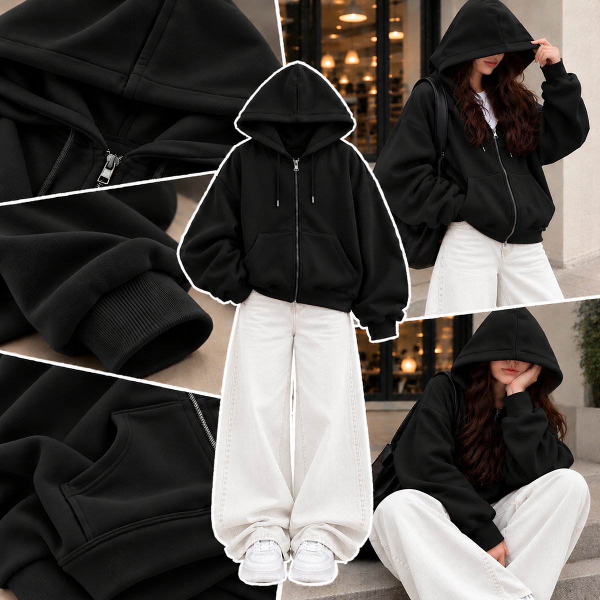 BLACK ZIPPER HOODIE WITH WHITE WIDE LEG JEANS