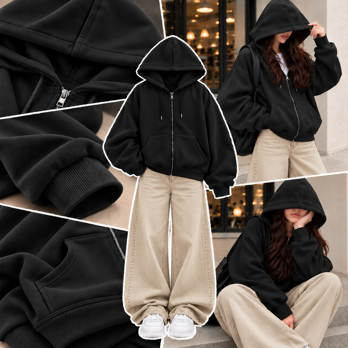 BLACK ZIPPER HOODIE WITH BEIGE WIDE LEG JEANS