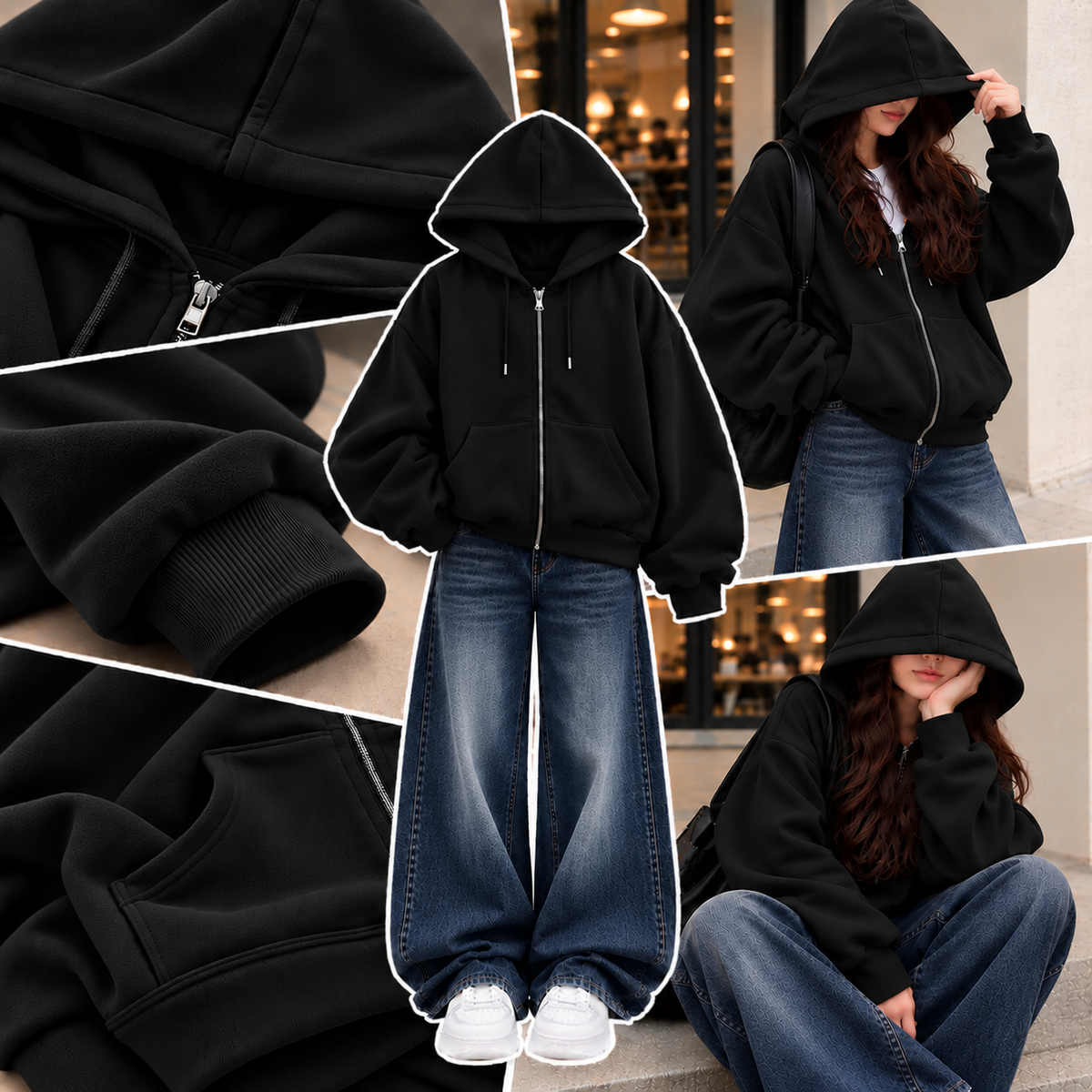 BLACK ZIPPER HOODIE WITH DARK BLUE FADED WIDE LEG JEANS