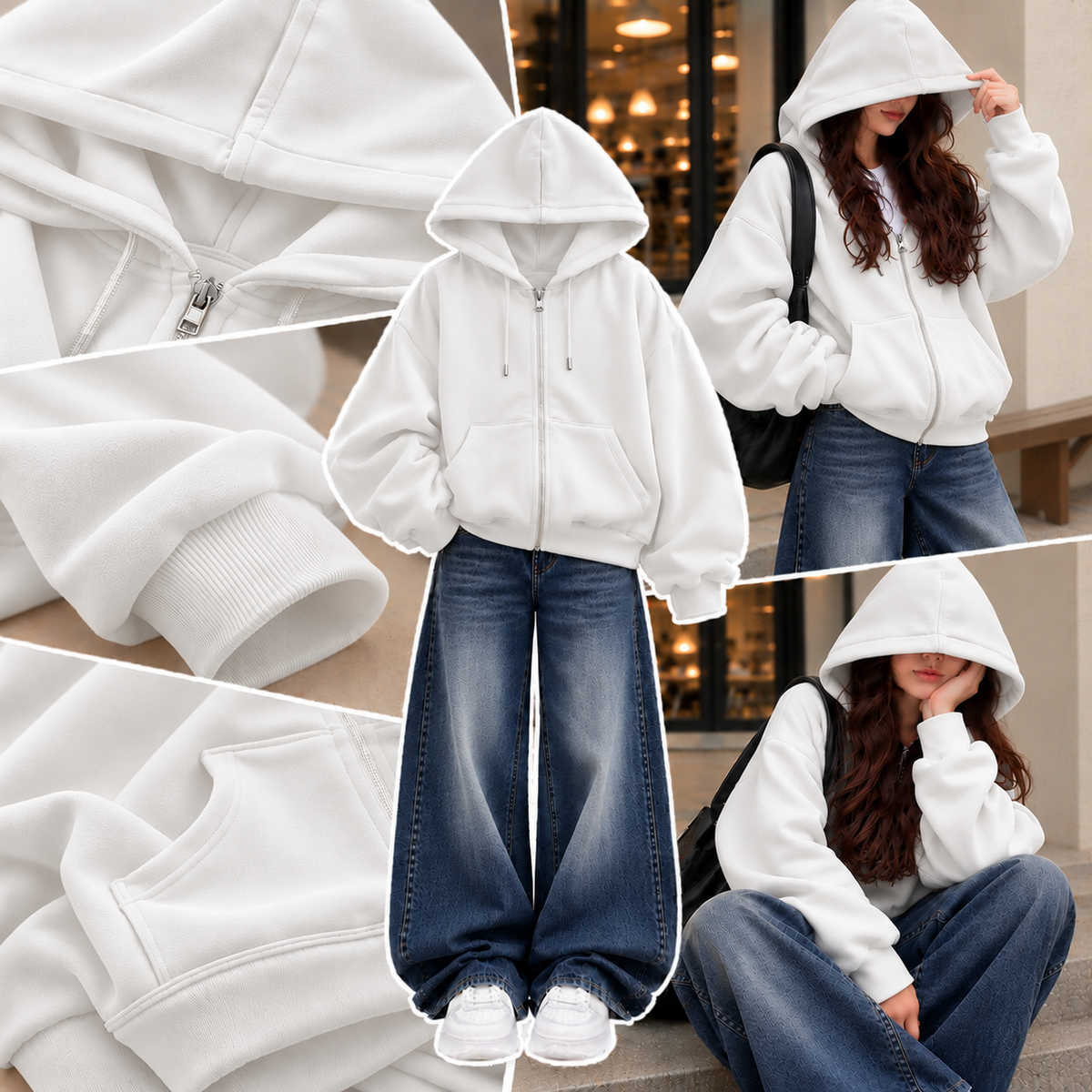 WHITE ZIPPER HOODIE WITH DARK BLUE FADED WIDE LEG JEANS