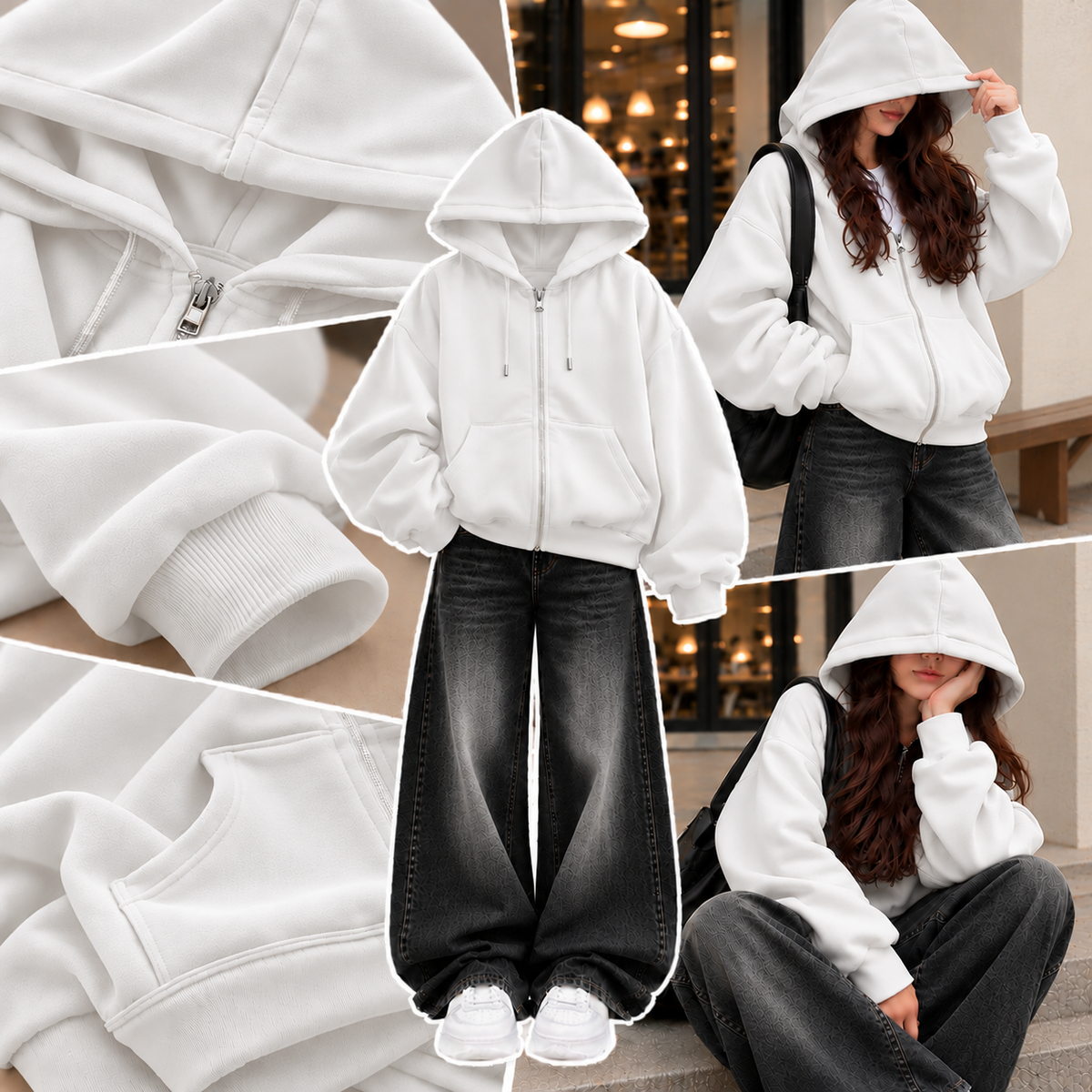 WHITE ZIPPER HOODIE WITH BLACK FADED WIDE LEG JEANS