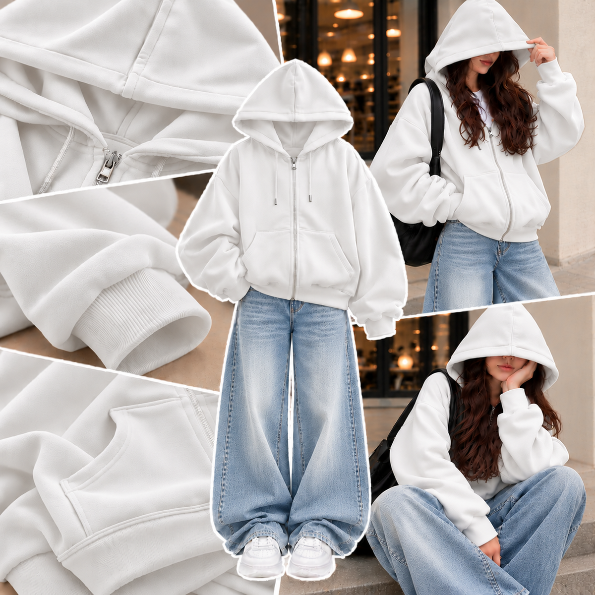 WHITE ZIPPER HOODIE WITH ICE BLUE FADED WIDE LEG JEANS
