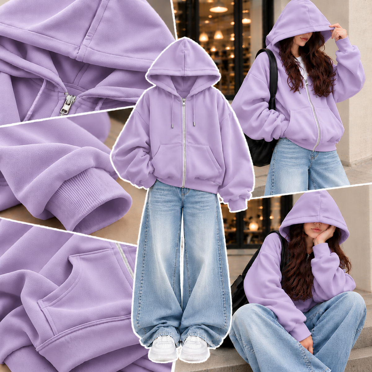 LILAC ZIPPER HOODIE WITH SKY BLUE FADED WIDE LEG JEANS