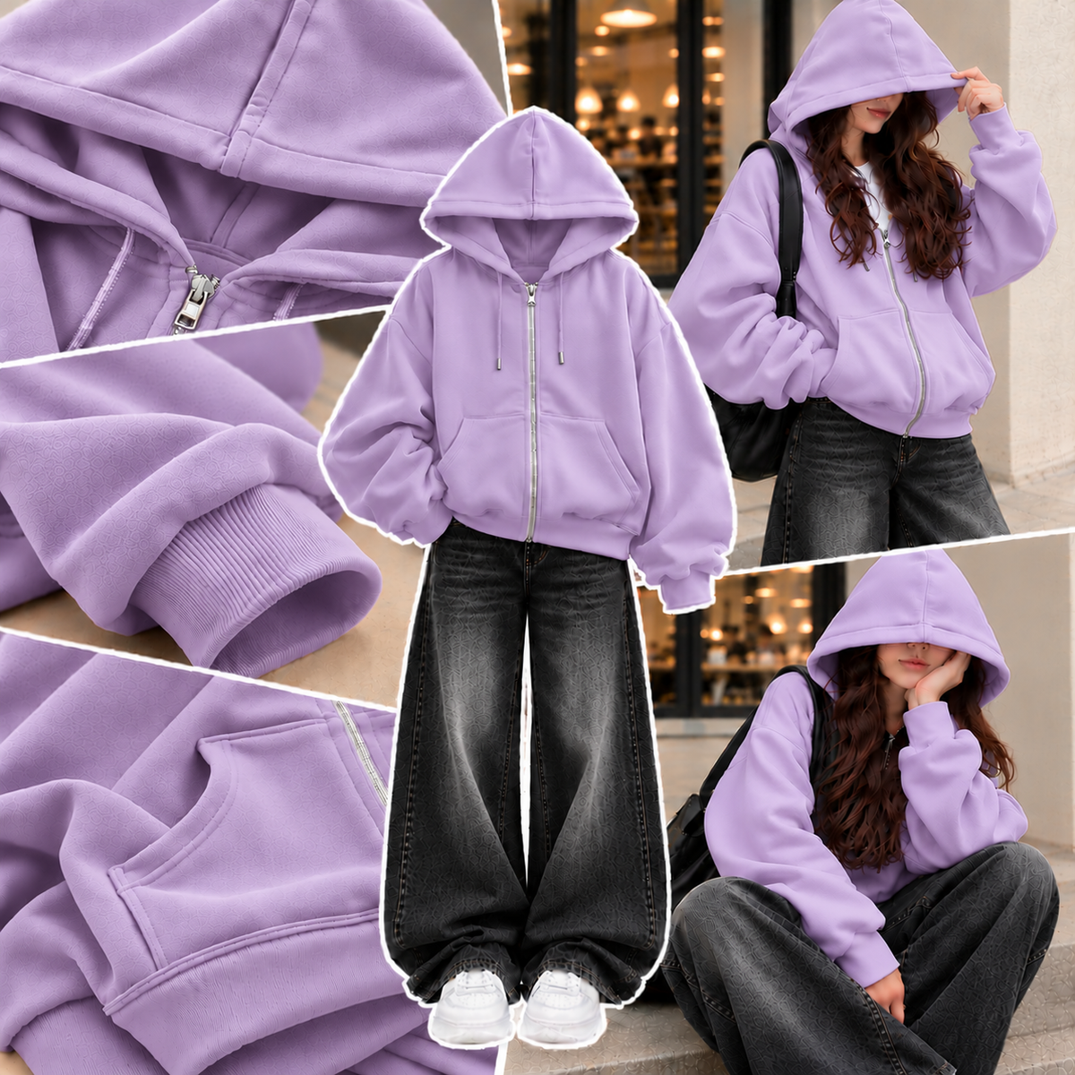 LILAC ZIPPER HOODIE WITH BLACK FADED WIDE LEG JEANS