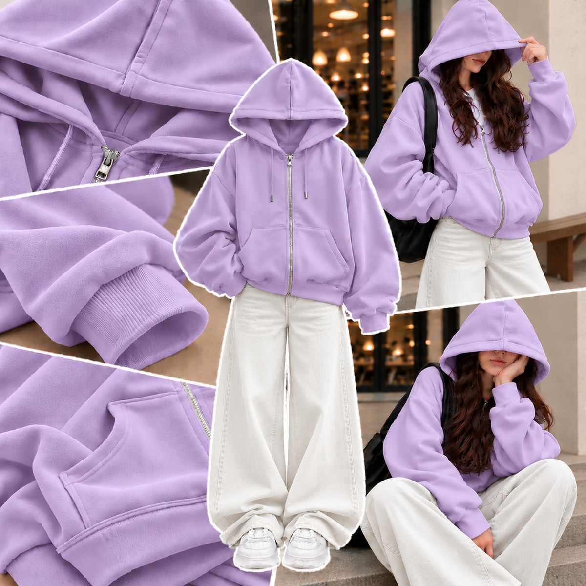 LILAC ZIPPER HOODIE WITH WHITE WIDE LEG JEANS