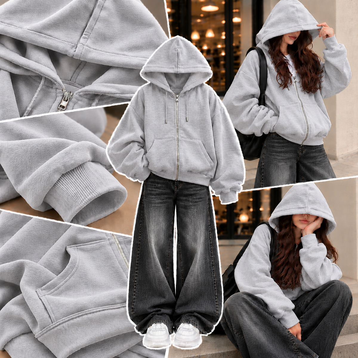 GREY ZIPPER HOODIE WITH BLACK FADED WIDE LEG JEANS