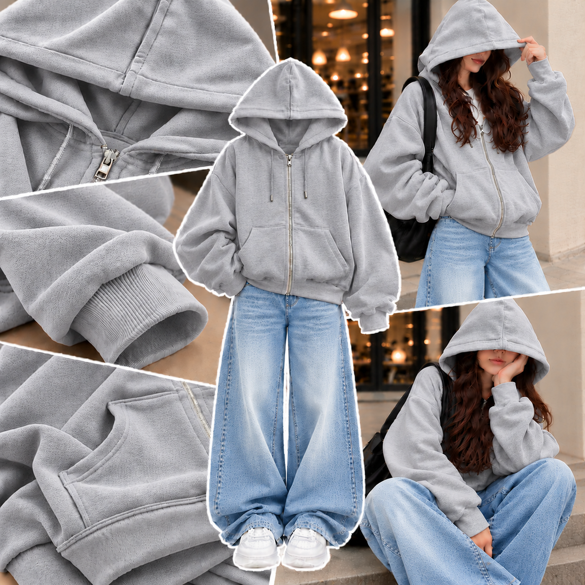 GREY ZIPPER HOODIE WITH SKY BLUE FADED WIDE LEG JEANS