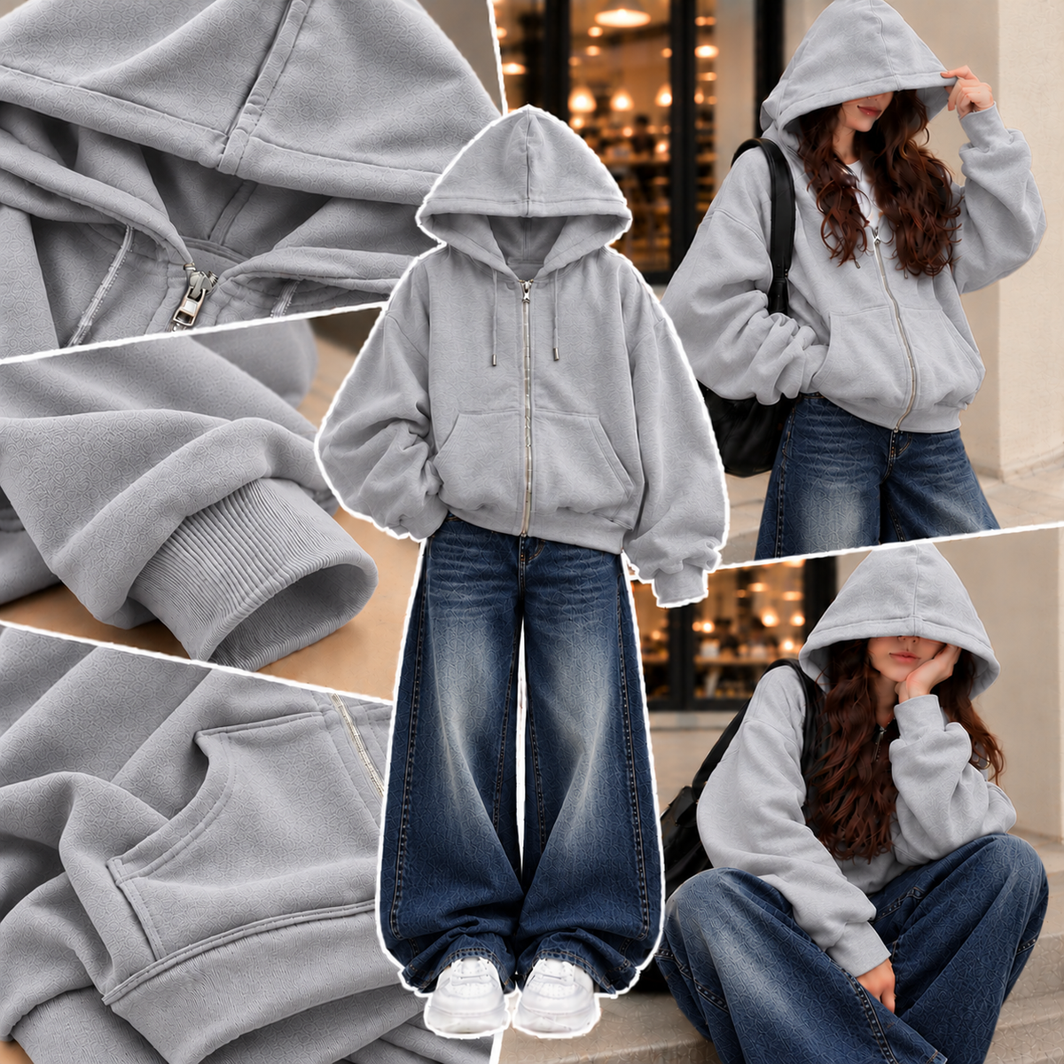 GREY ZIPPER HOODIE WITH DARK BLUE FADED WIDE LEG JEANS