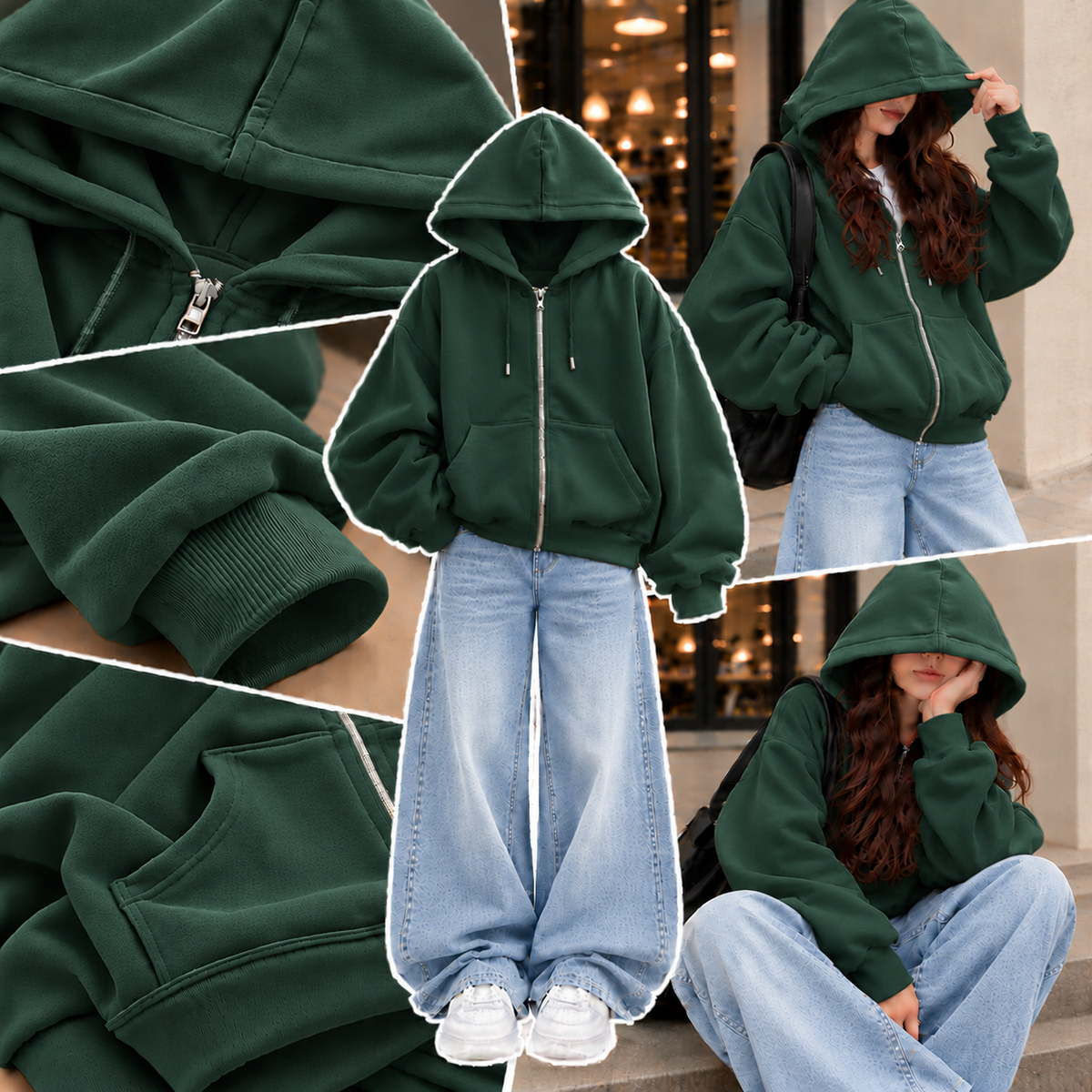BOTTLE GREEN ZIPPER HOODIE WITH SKY BLUE FADED WIDE LEG JEANS