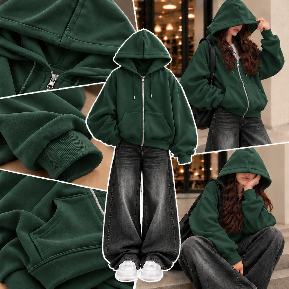 BOTTLE GREEN ZIPPER HOODIE WITH BLACK FADED WIDE LEG JEANS