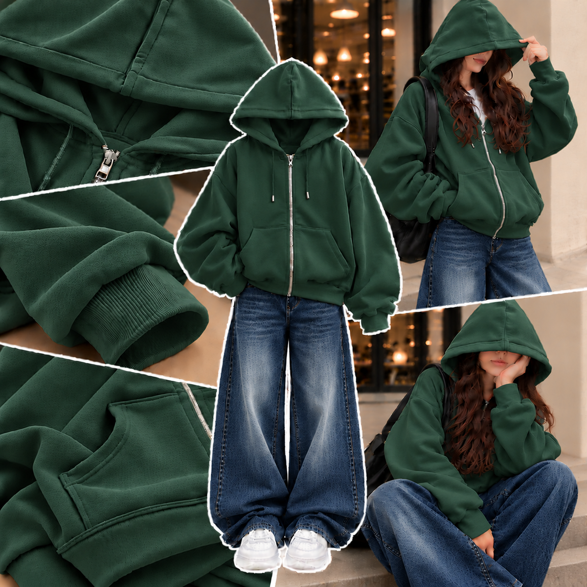 BOTTLE GREEN ZIPPER HOODIE WITH DARK BLUE FADED WIDE LEG JEANS