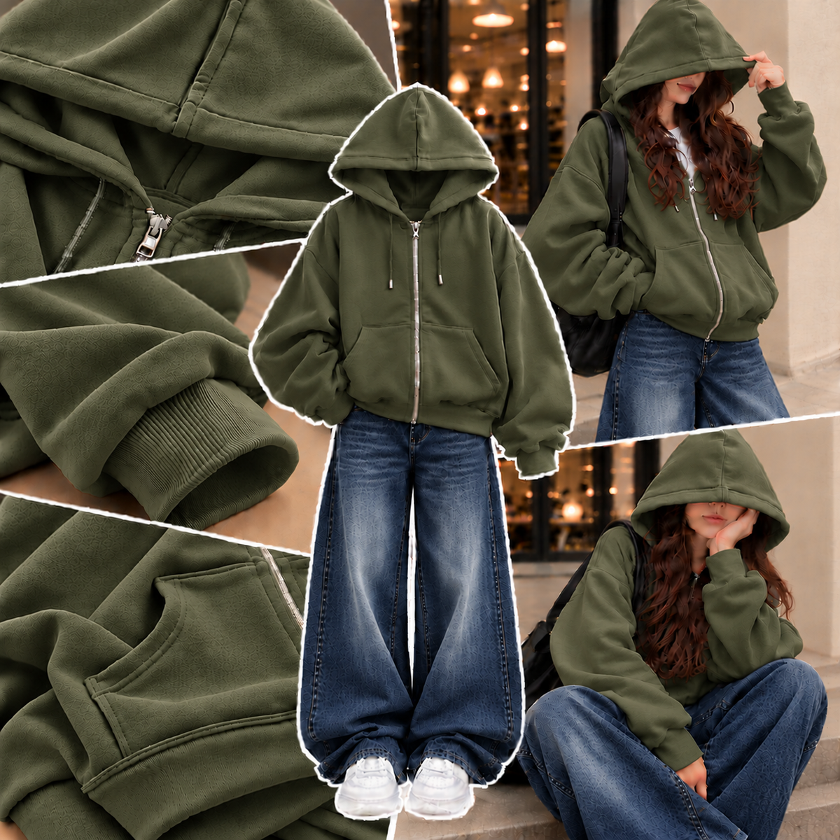 OLIVE GREEN ZIPPER HOODIE WITH DARK BLUE FADED WIDE LEG JEANS