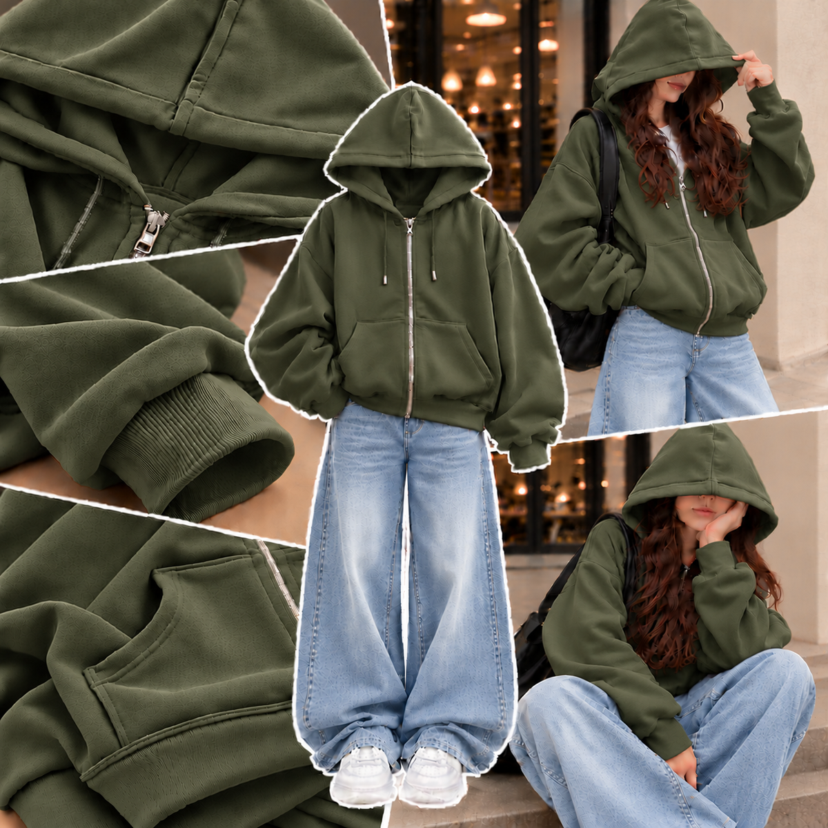 OLIVE GREEN ZIPPER HOODIE WITH SKY BLUE FADED WIDE LEG JEANS