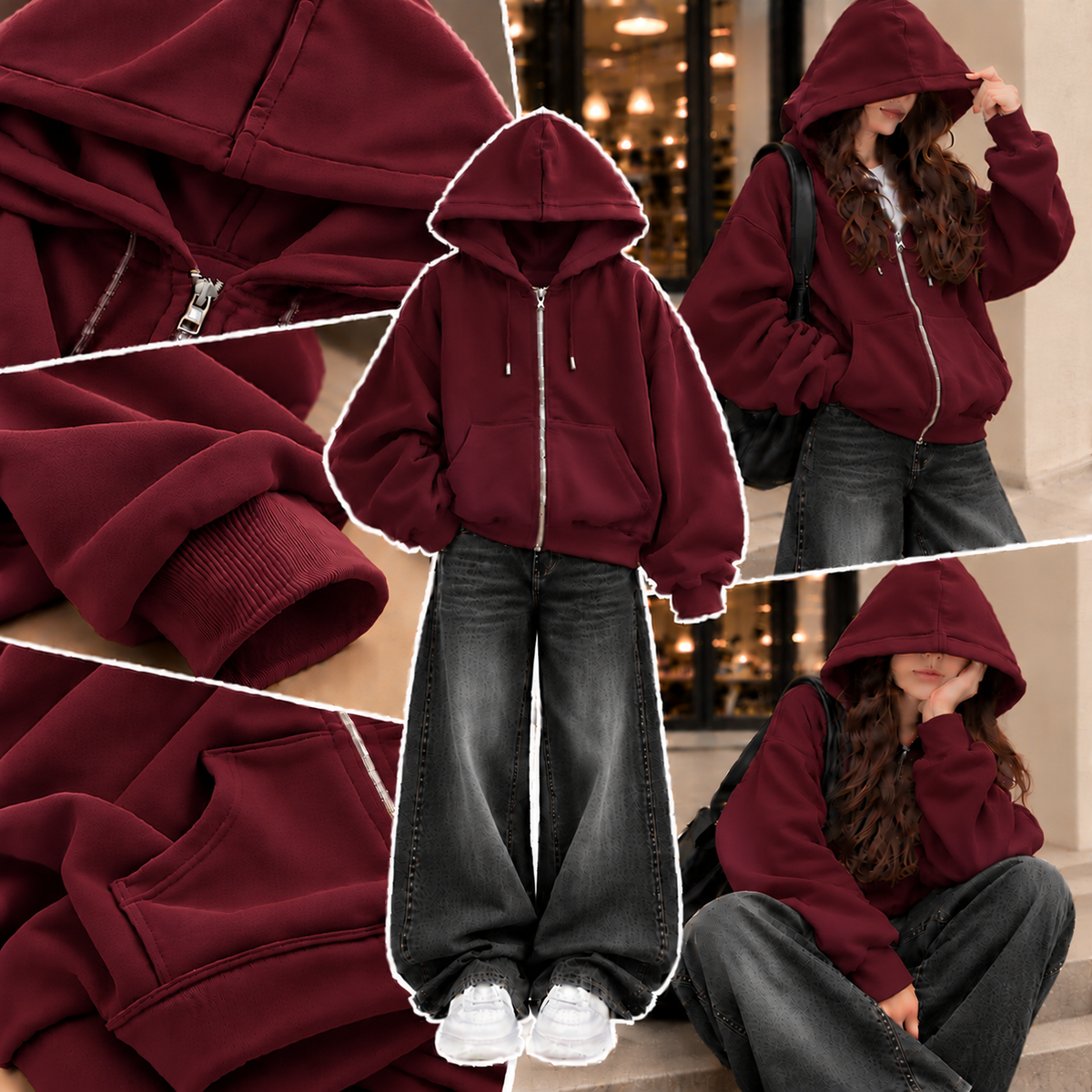 MAROON ZIPPER HOODIE WITH BLACK FADED WIDE LEG JEANS