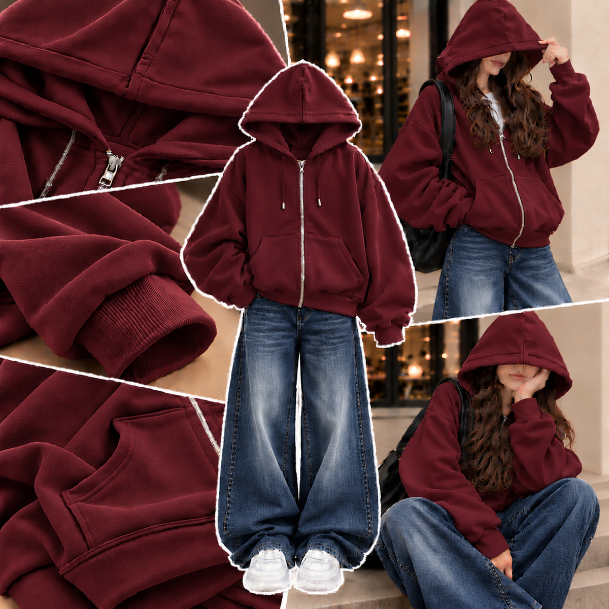 MAROON ZIPPER HOODIE WITH DARK BLUE FADED WIDE LEG JEANS
