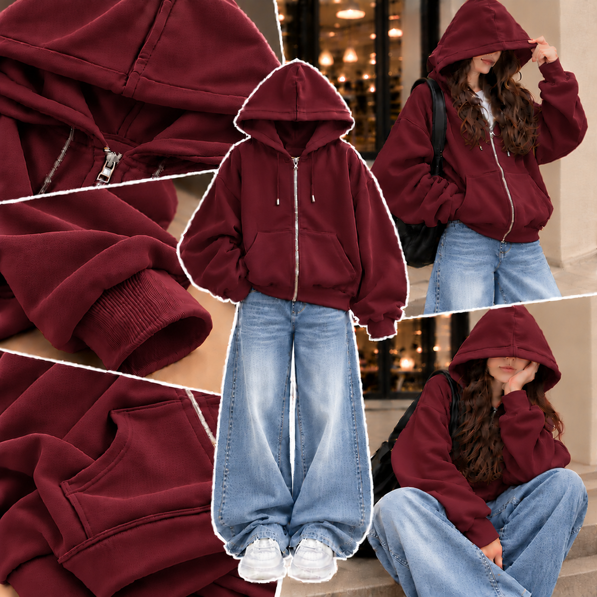 MAROON ZIPPER HOODIE WITH SKY BLUE FADED WIDE LEG JEANS