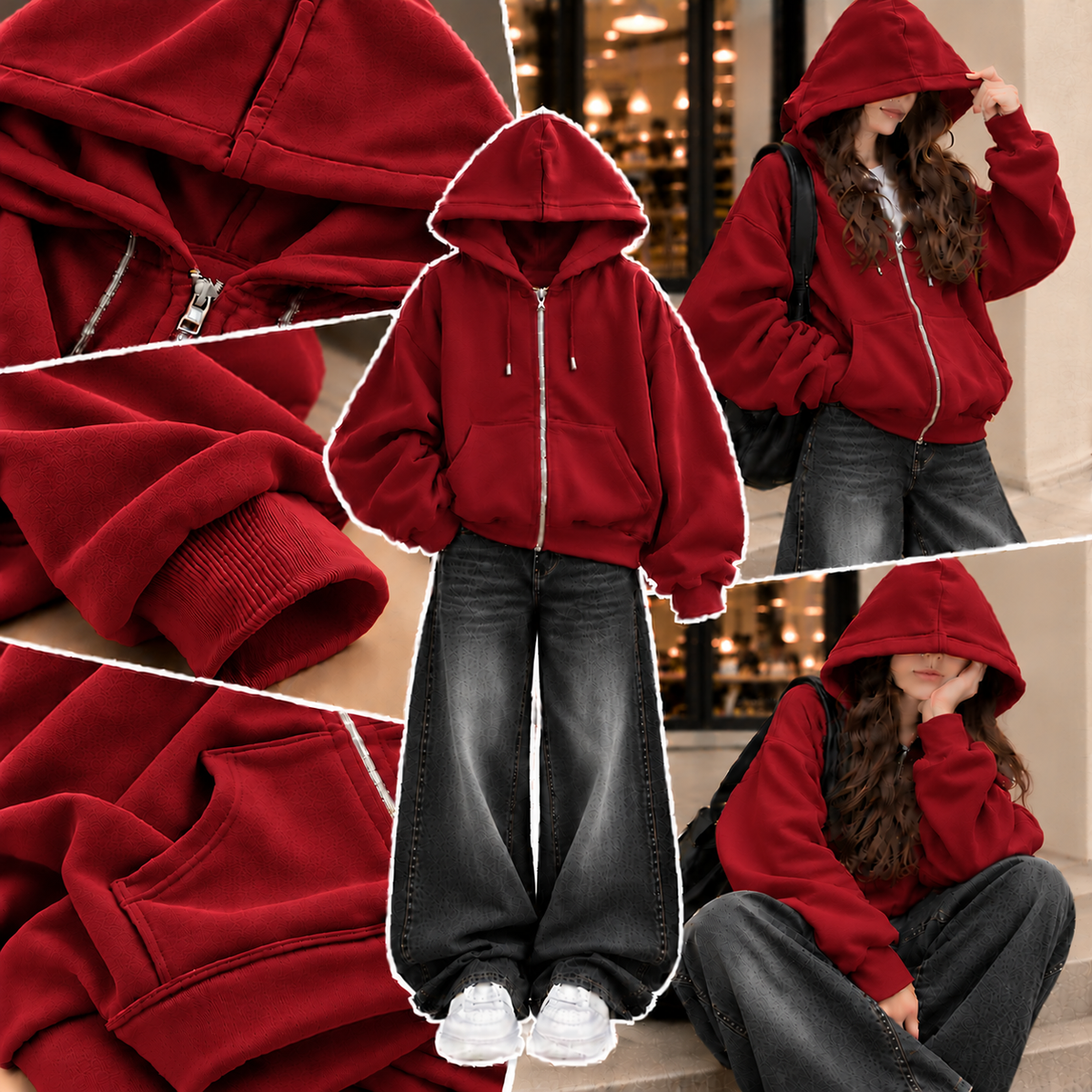 RED ZIPPER HOODIE WITH BLACK FADED WIDE LEG JEANS
