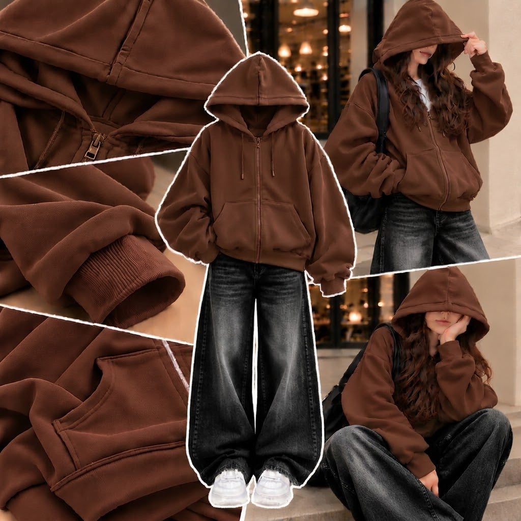 BROWN ZIPPER HOODIE WITH BLACK FADED WIDE LEG JEANS