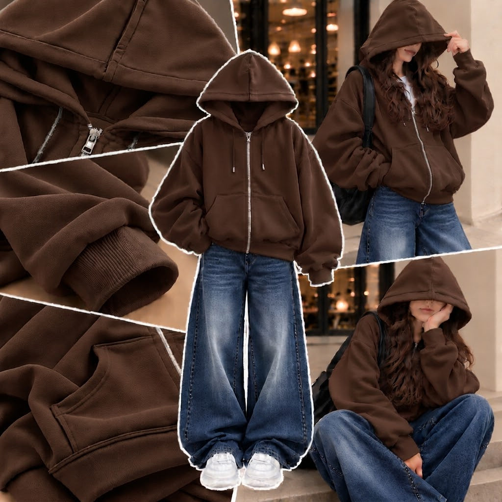 BROWN ZIPPER HOODIE WITH DARK BLUE FADED WIDE LEG JEANS