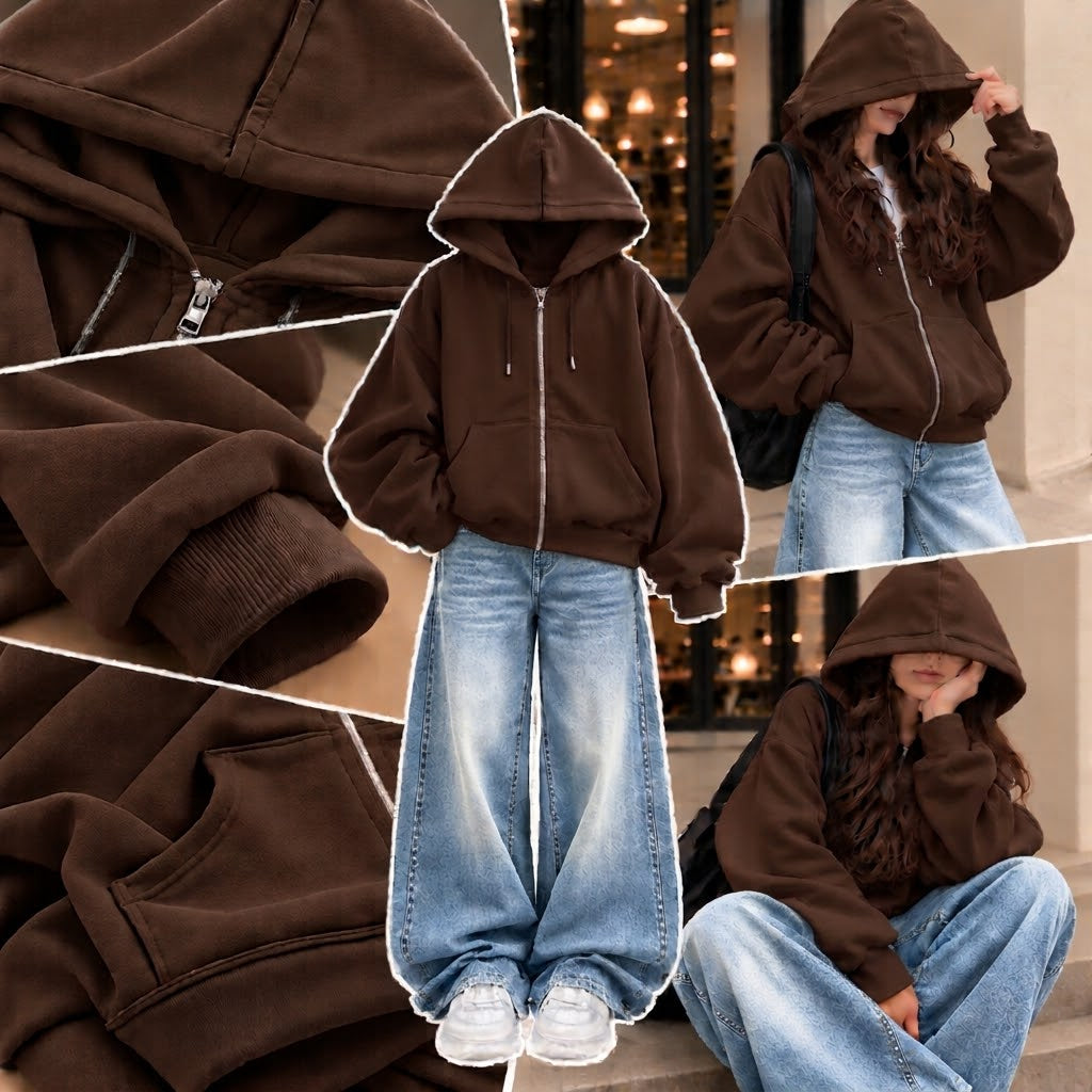 BROWN ZIPPER HOODIE WITH SKY BLUE FADED WIDE LEG JEANS