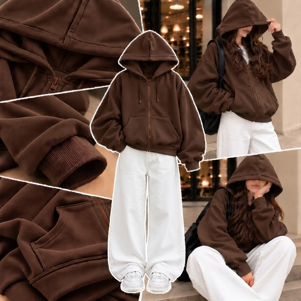 BROWN ZIPPER HOODIE WITH WHITE WIDE LEG JEANS