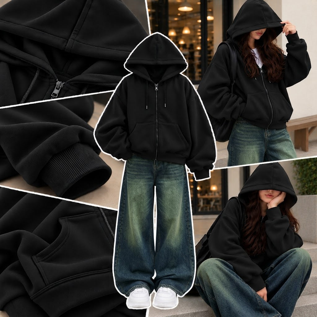 BLACK ZIPPER HOODIE WITH DARK BLUE GREENISH FADED WIDE LEG JEANS