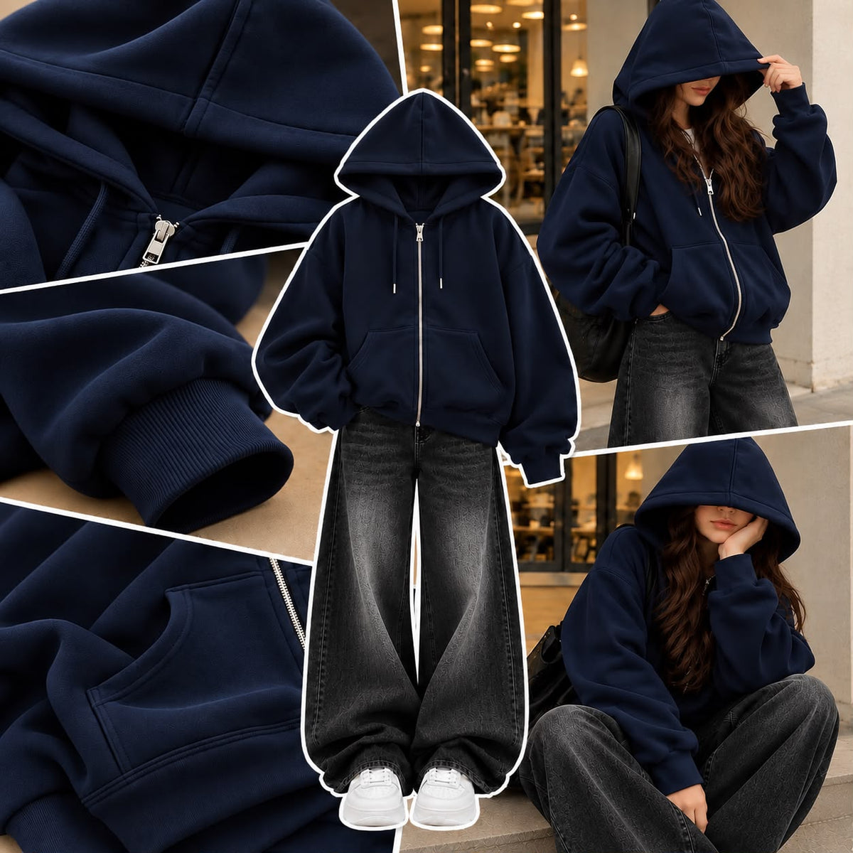 NAVY BLUE ZIPPER HOODIE WITH BLACK FADED WIDE LEG JEANS