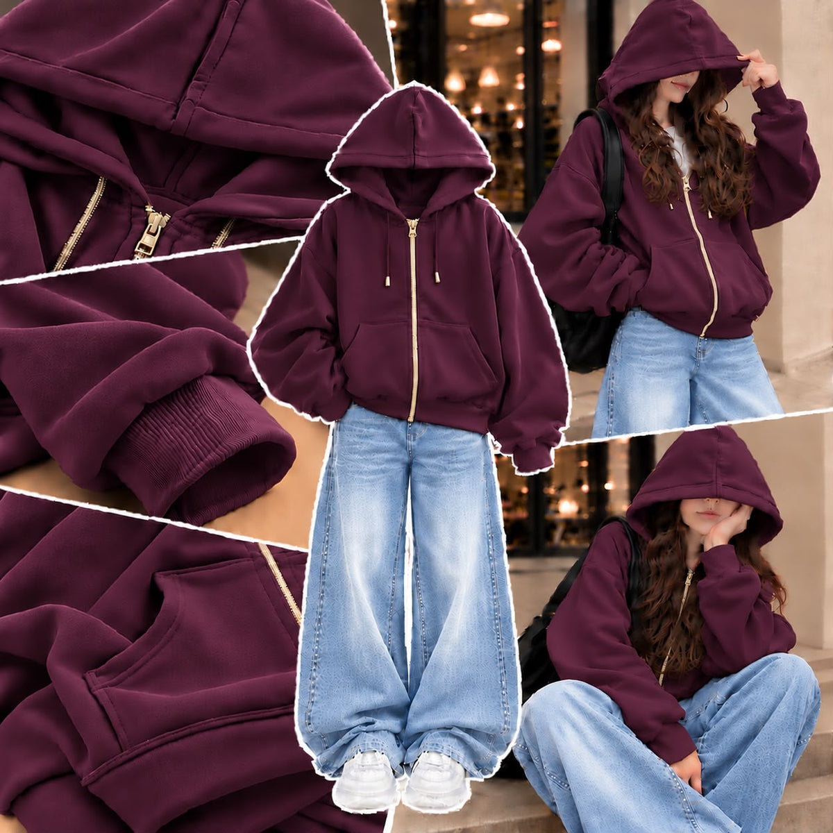 PURPLE ZIPPER HOODIE WITH SKY BLUE FADED WIDE LEG JEANS