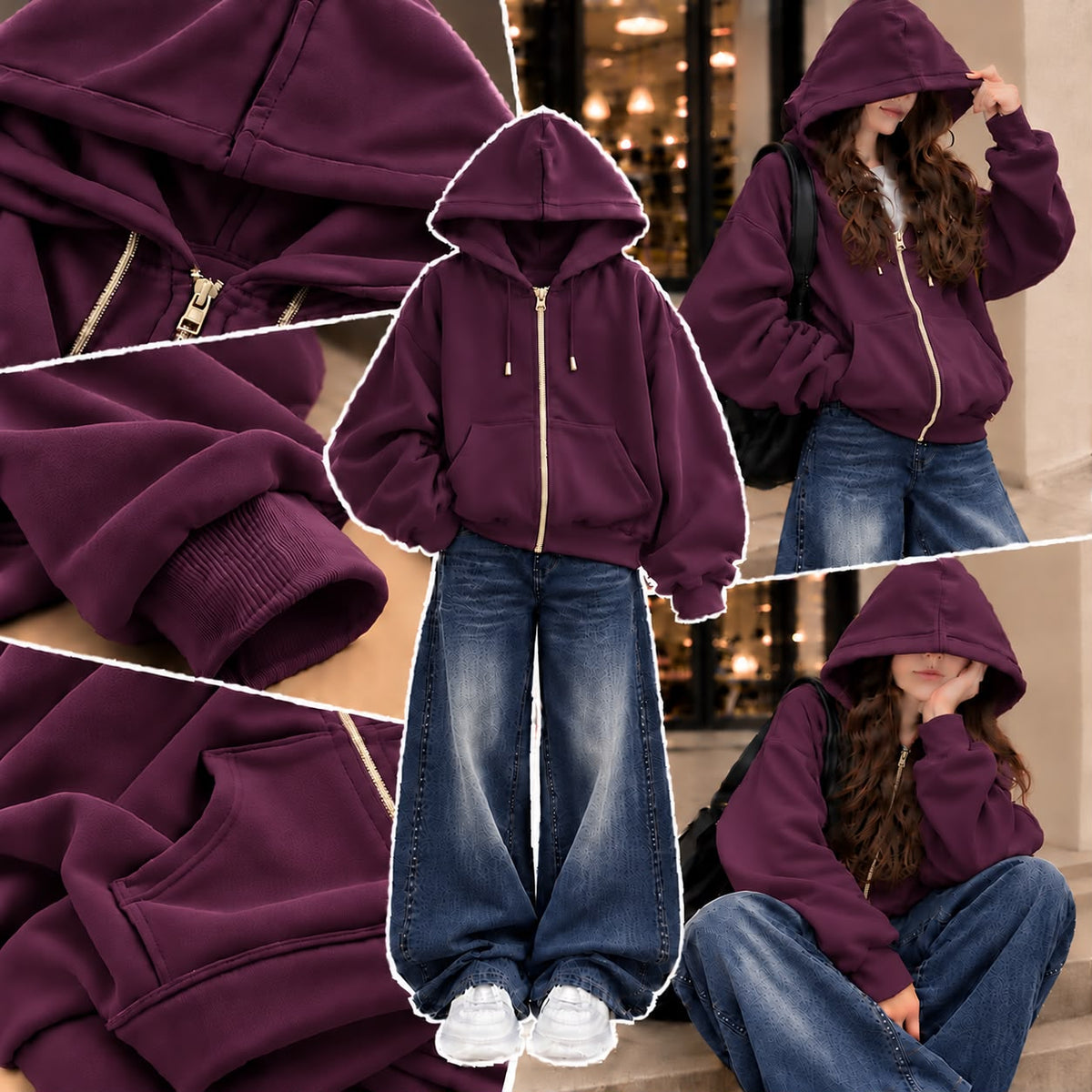 PURPLE ZIPPER HOODIE WITH DARK BLUE FADED WIDE LEG JEANS