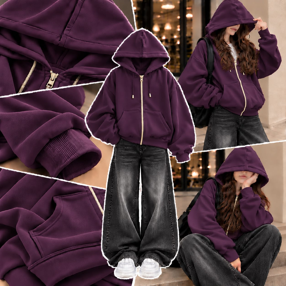 PURPLE ZIPPER HOODIE WITH BLACK FADED WIDE LEG JEANS
