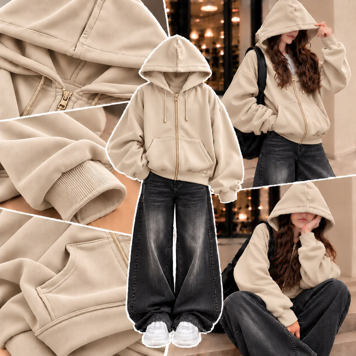 BEIGE ZIPPER HOODIE WITH BLACK FADED WIDE LEG JEANS