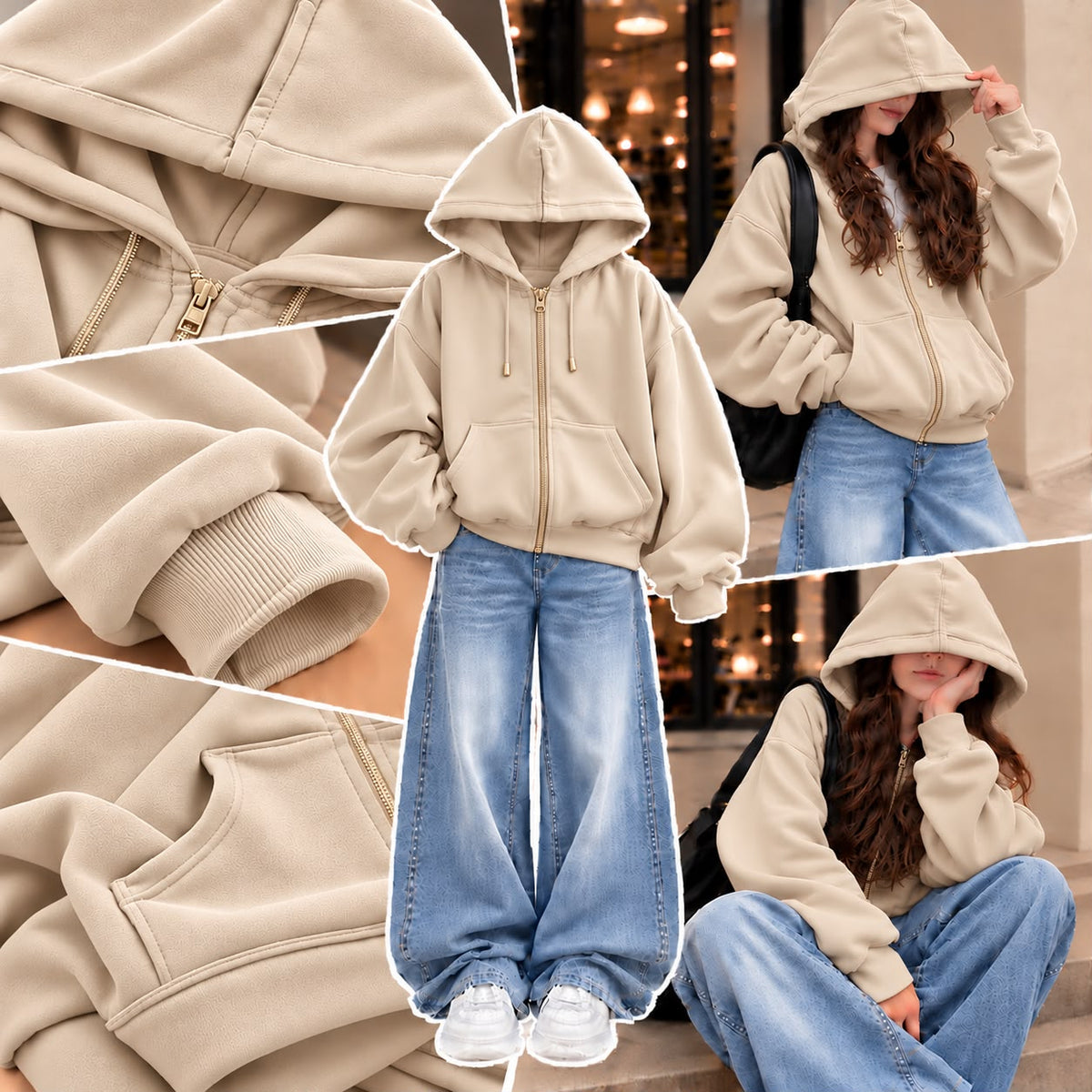 BEIGE ZIPPER HOODIE WITH SKY BLUE FADED WIDE LEG JEANS