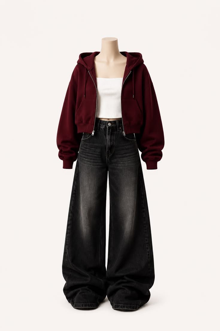 MAROON ZIPPER HOODIE, WHITE TSHIRT AND VINTAGE BLACK FADED WIDE LEG JEANS