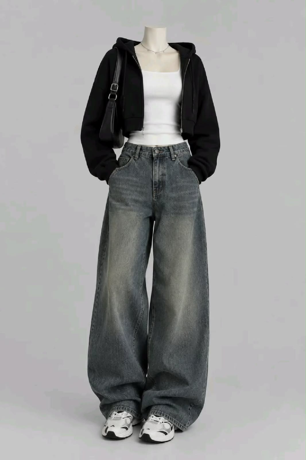 BLACK CROP ZIPPER HOODIE, WHITE TSHIRT AND VINTAGE BLACK FADED WIDE LEG JEANS
