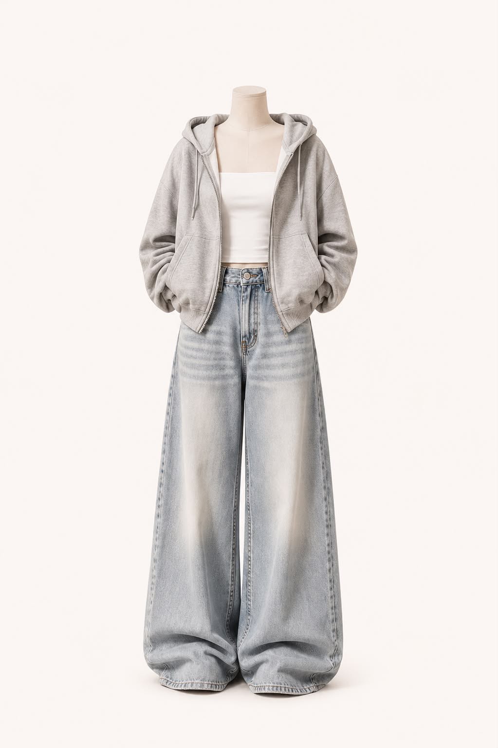 GREY ZIPPER HOODIE, WHITE TSHIRT AND VINTAGE ICE BLUE WIDE LEG JEANS