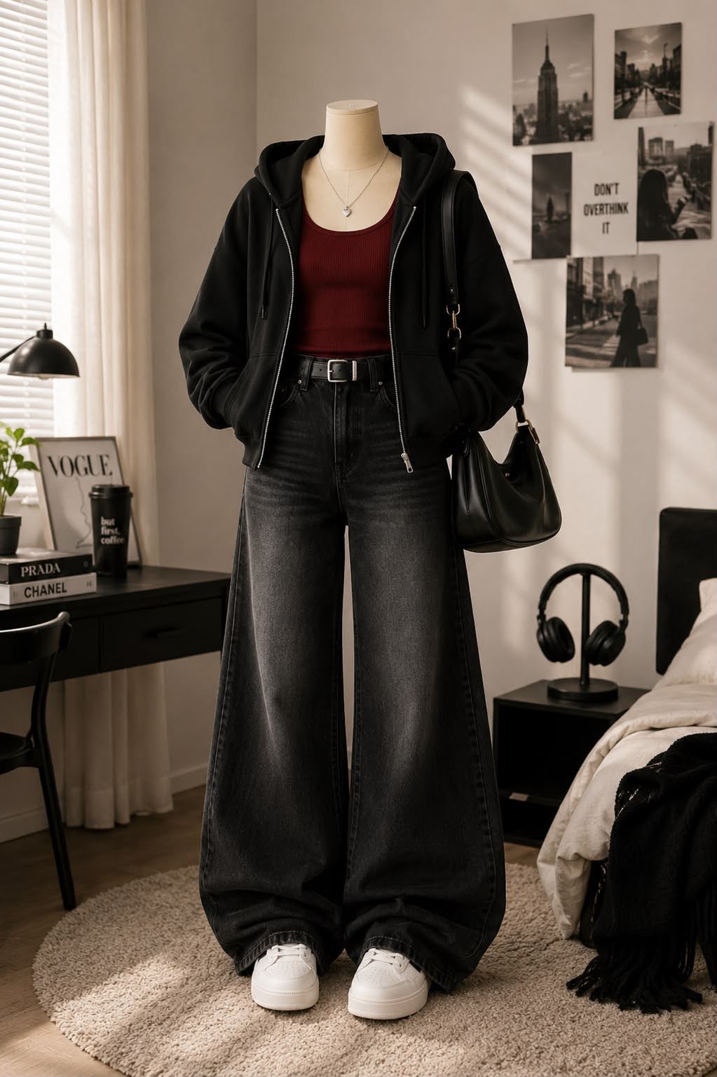 BLACK ZIPPER HOODIE, MAROON TSHIRT AND VINTAGE BLACK WIDE LEG JEANS