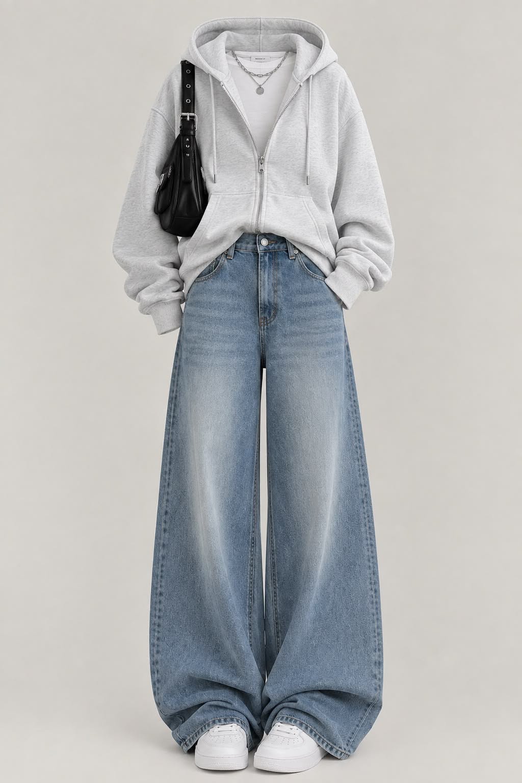 GREY ZIPPER HOODIE, WHITE TSHIRT AND VINTAGE SKY BLUE WIDE LEG JEANS