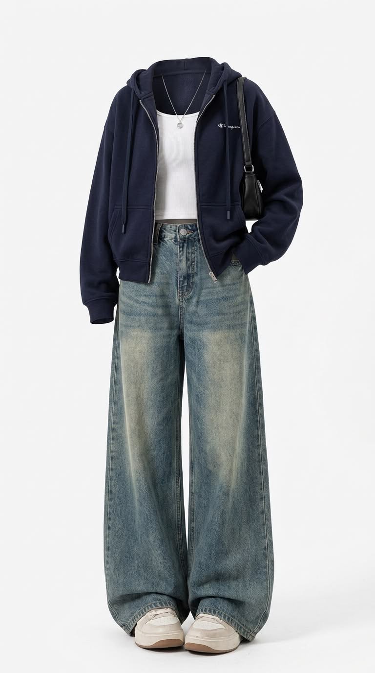 NAVY BLUE ZIPPER HOODIE, WHITE TSHIRT AND VINTAGE SKY BLUE WIDE LEG JEANS