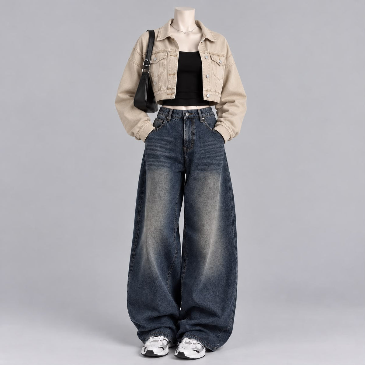 BEIGE DENIM JACKET WITH BLACK TANKTOP AND VINTAGE DARK BLUE FADED JEANS