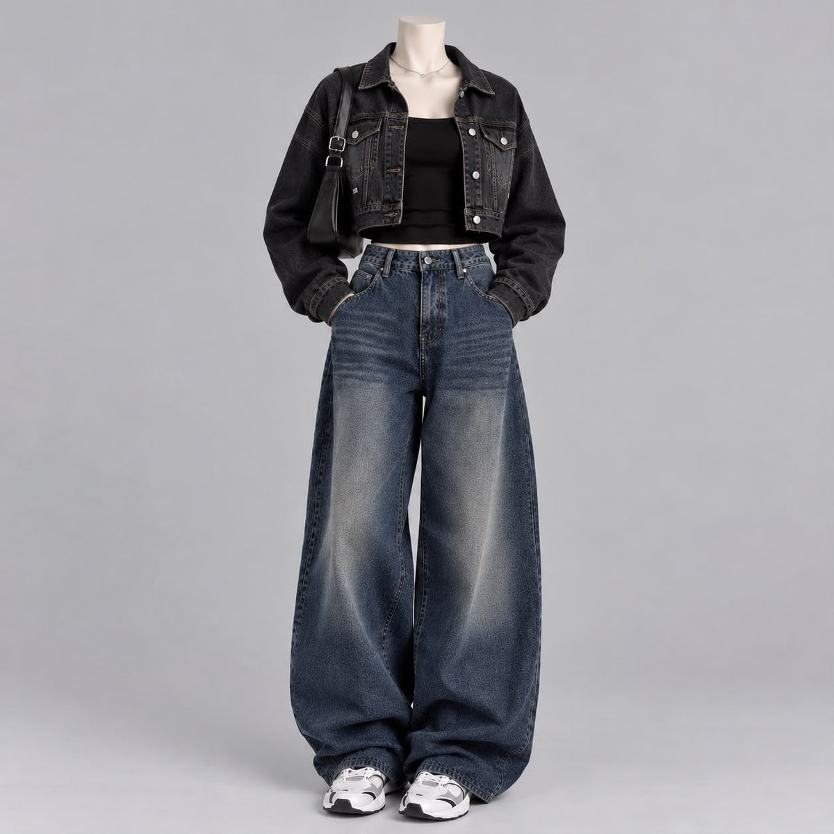 BLACK DENIM JACKET WITH BLACK TANKTOP AND VINTAGE DARK BLUE FADED JEANS