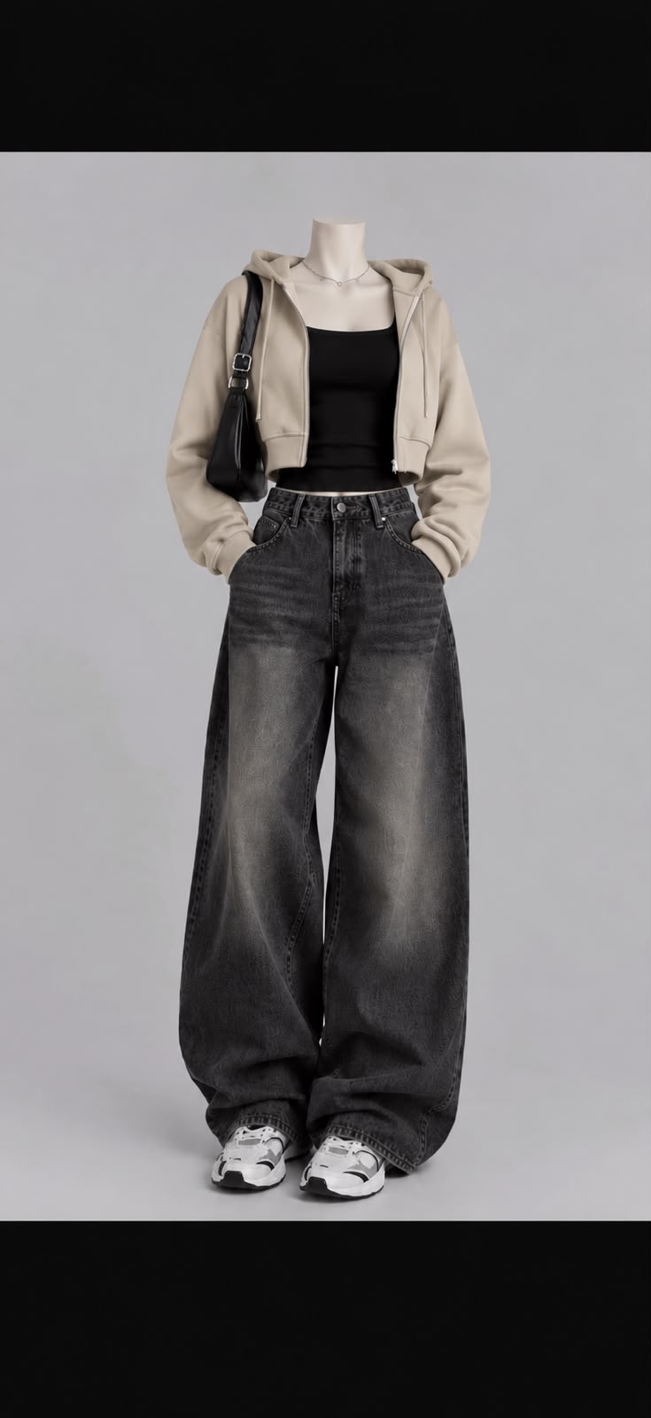 BEIGE DENIM JACKET WITH BLACK TANKTOP AND VINTAGE BLACK FADED JEANS