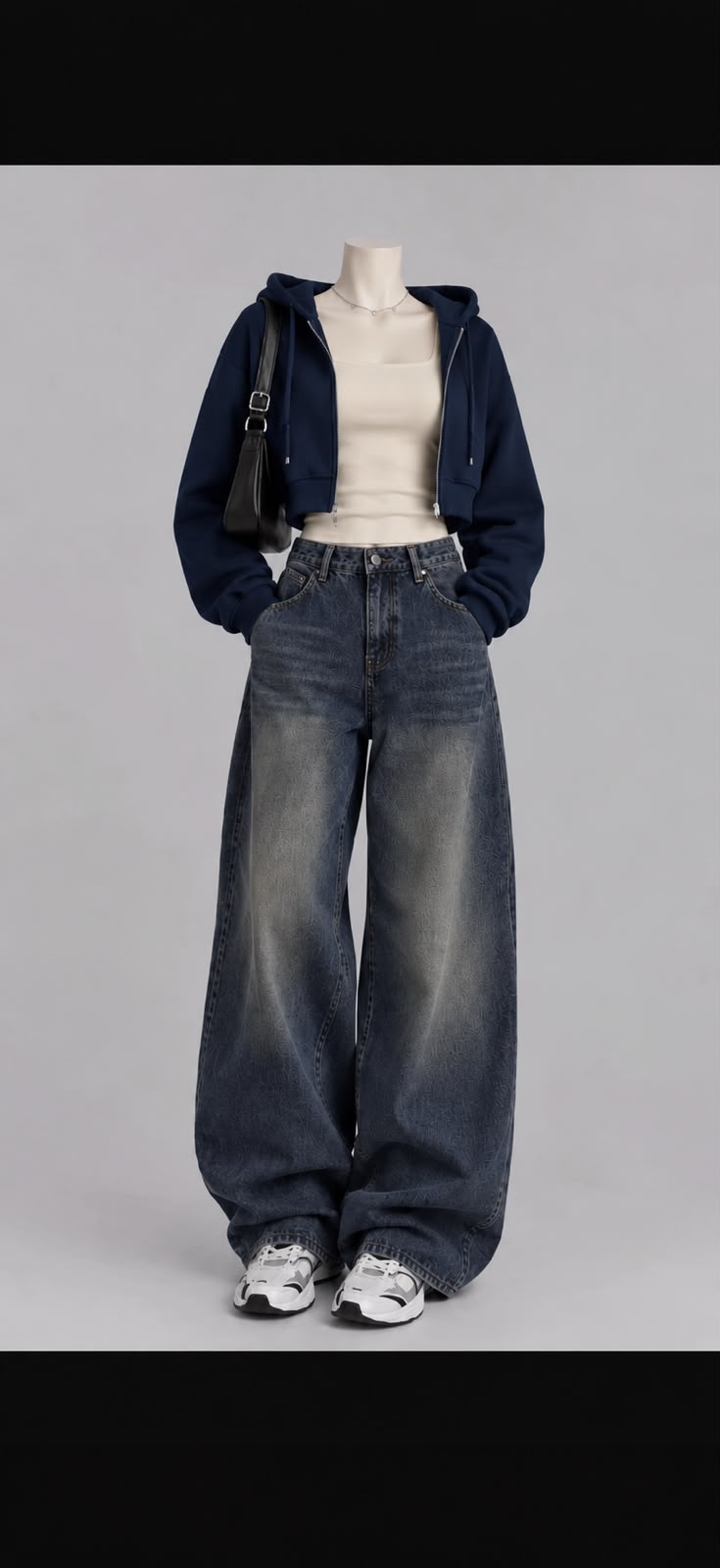 NAVY BLUE CROP ZIPPER HOODIE, WHITE TSHIRT AND VINTAGE DARK BLUE FADED WIDE LEG JEANS