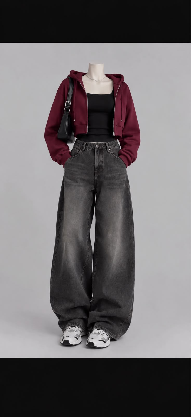 MAROON CROP ZIPPER HOODIE, BLACK TSHIRT AND VINTAGE BLACK FADED WIDE LEG JEANS