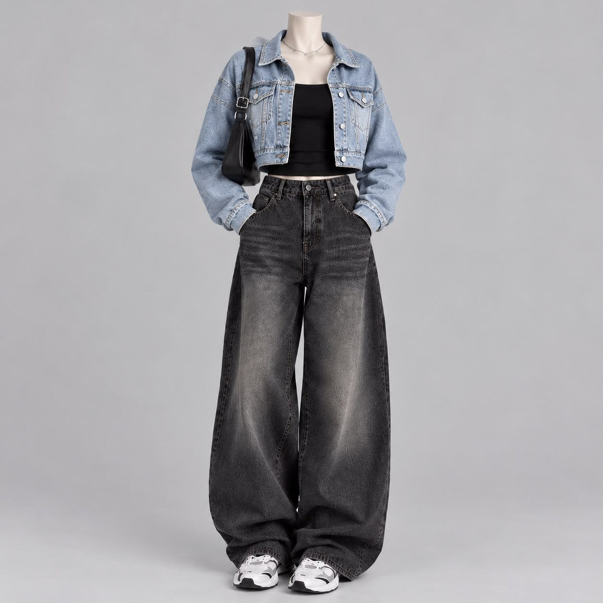 SKY BLUE DENIM JACKET WITH BLACK TANKTOP AND VINTAGE BLACK FADED JEANS
