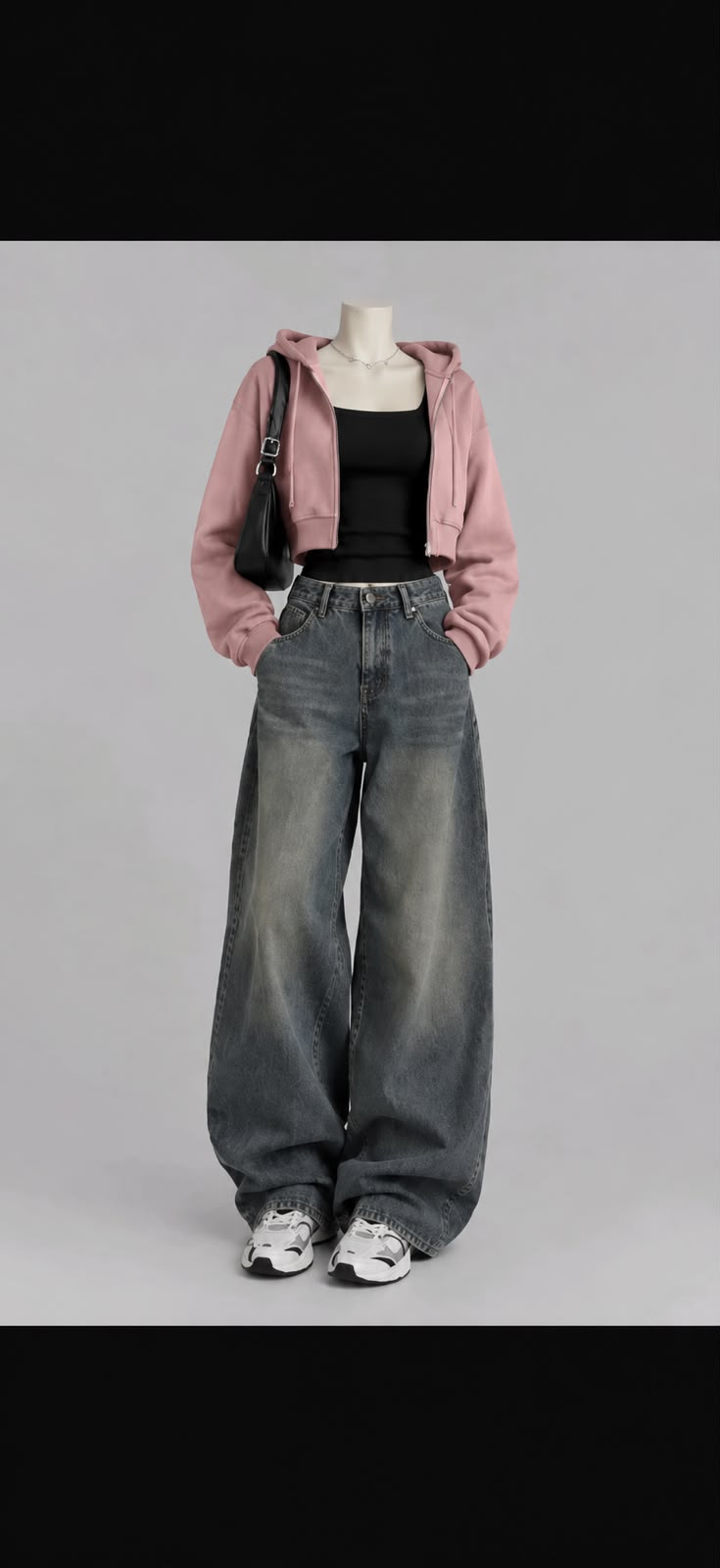 PINK CROP ZIPPER HOODIE, BLACK TSHIRT AND VINTAGE BLACK FADED WIDE LEG JEANS