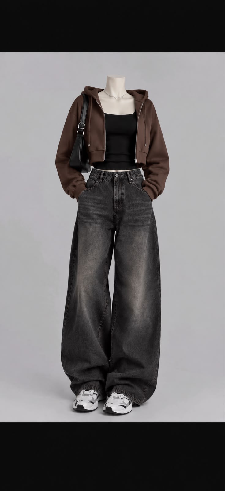 BROWN CROP ZIPPER HOODIE, BLACK TSHIRT AND VINTAGE BLACK FADED WIDE LEG JEANS