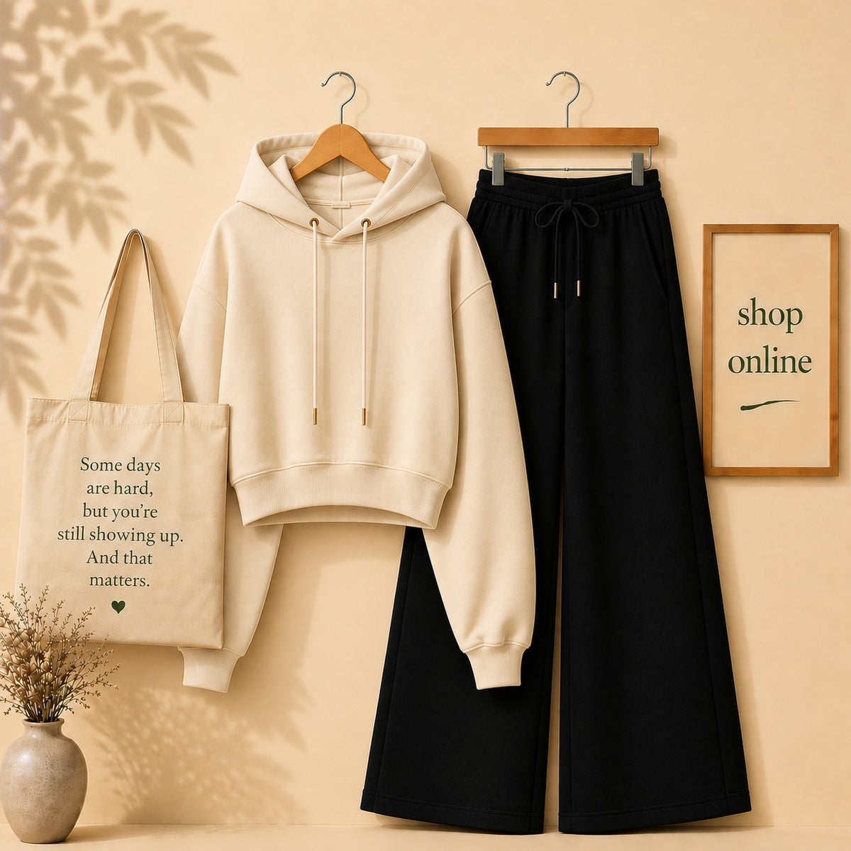 BEIGE CROP HOODIE WITH BLACK FLAPPER